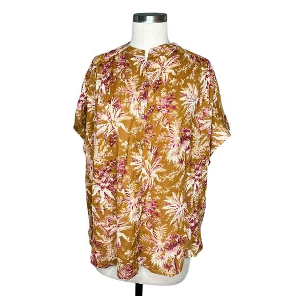 PILCRO Anthropologie Short Sleeve Batwing Blouse Mustard Yellow Pink Floral L/XL - Picture 1 of 8